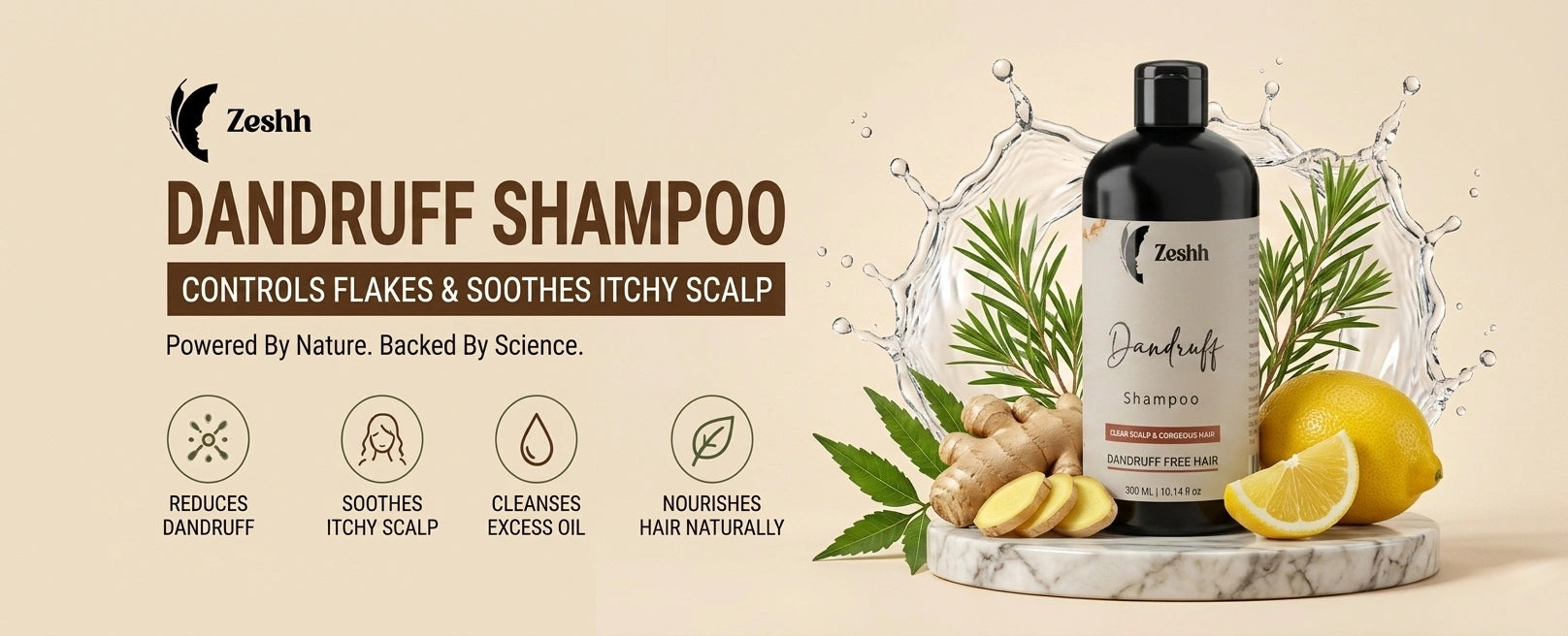 Zeshh Dandruff Shampoo for dandruff control, itchy scalp relief, and healthy nourished hair with natural lemon, ginger, and neem ingredients.