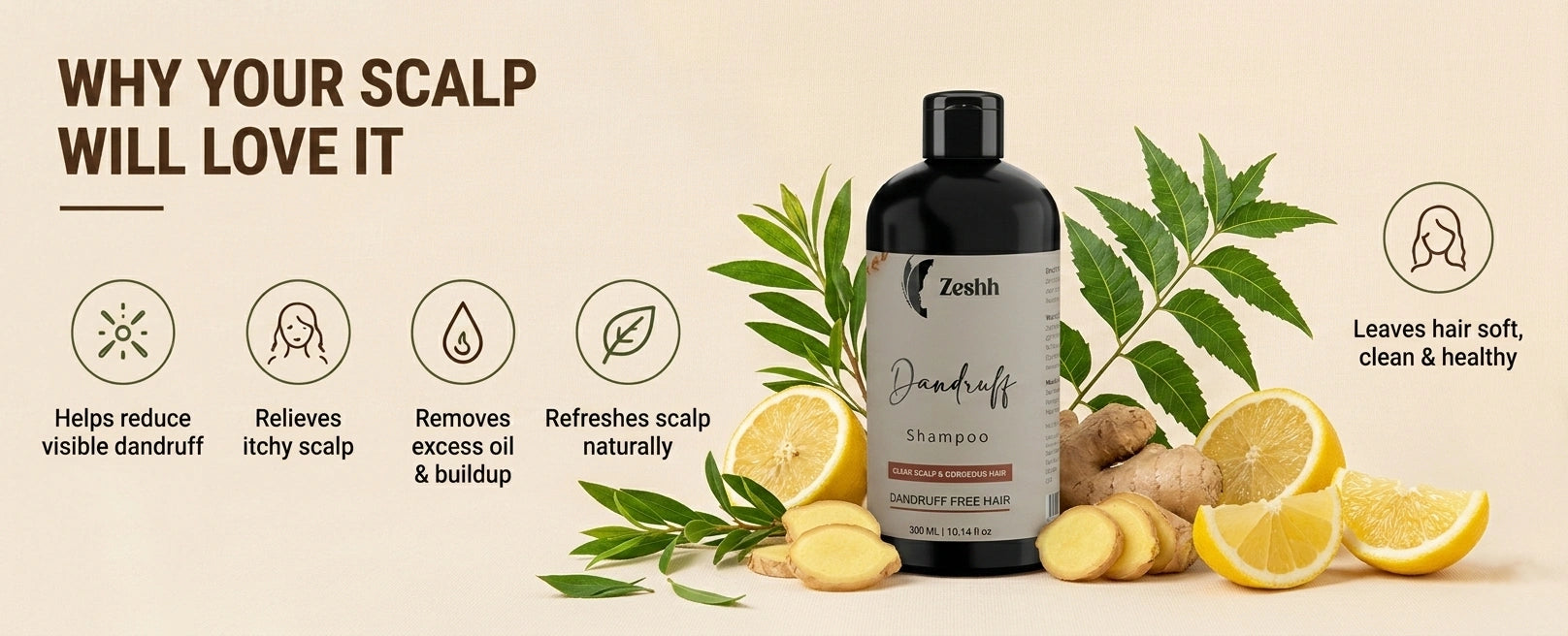 Anti-Dandruff Shampoo with lemon and neem ingredients helps reduce dandruff, itchy scalp, excess oil, and keeps hair soft, clean, and healthy.