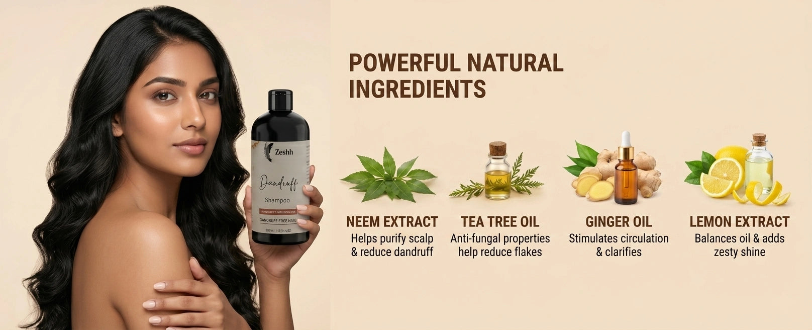 Zeshh Dandruff Shampoo with neem extract, tea tree oil, ginger oil, and lemon extract for dandruff control, scalp cleansing, and healthy shiny hair.