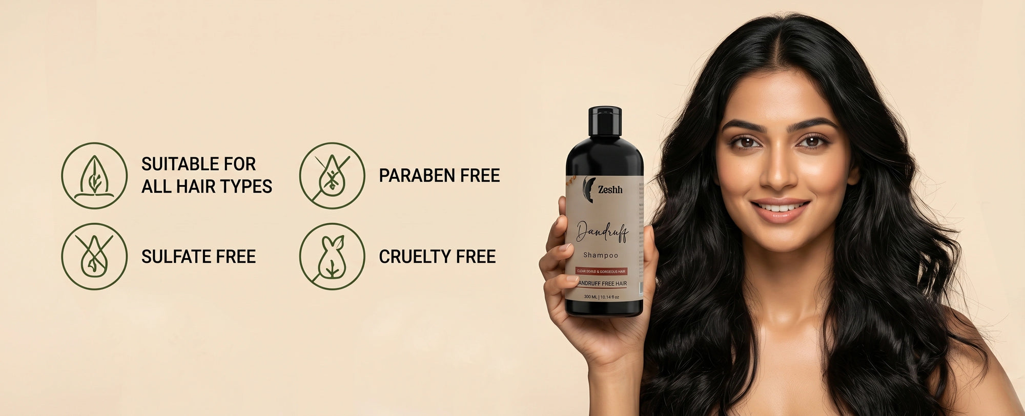 Zeshh Dandruff Shampoo suitable for all hair types, sulfate free, paraben free, and cruelty free for healthy dandruff-free hair.