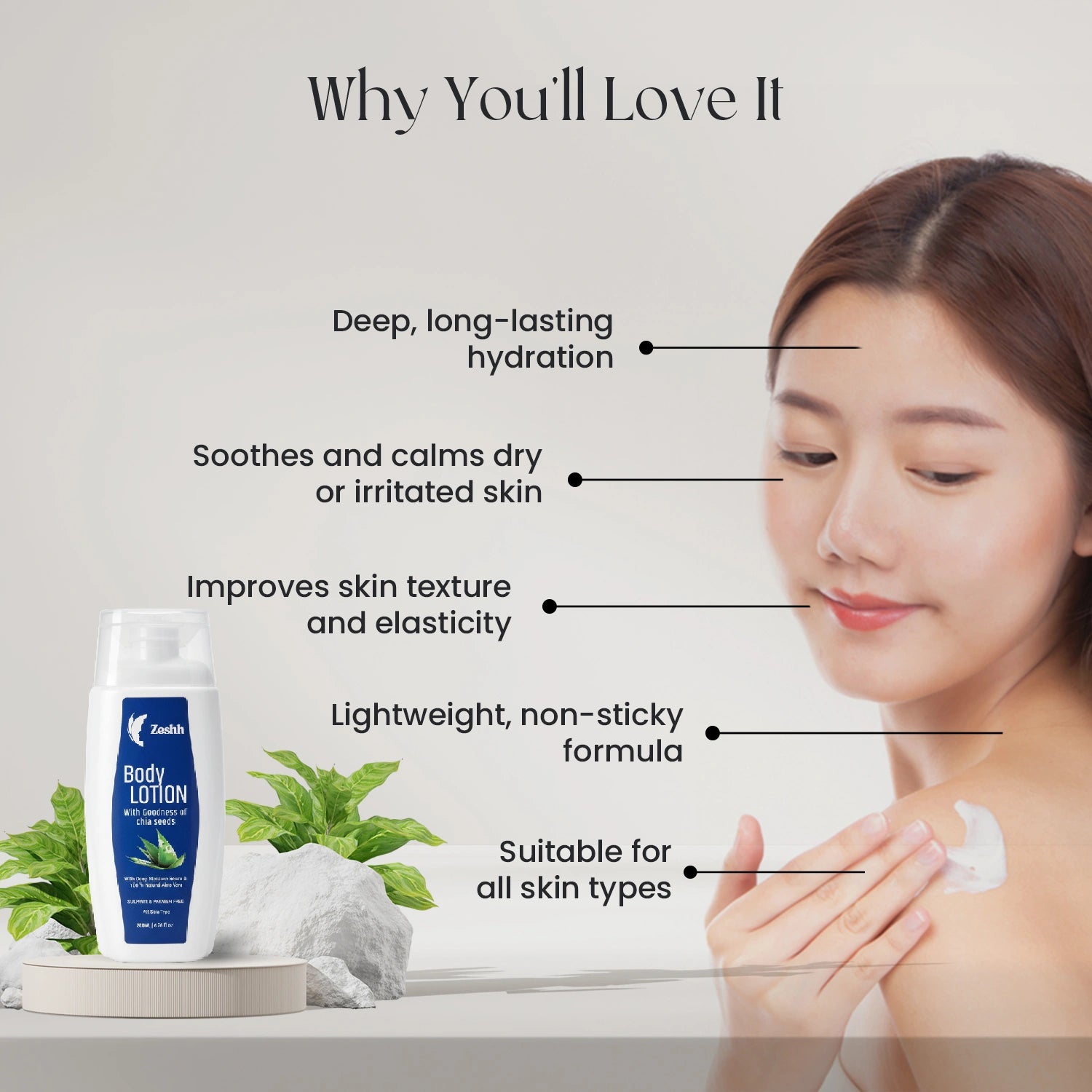 Zeshh Body Lotion with Natural Aloe Vera & Chia Seed Extract | Deep Hydration & Skin Soothing Moisturizer for All Skin Types – 200ml