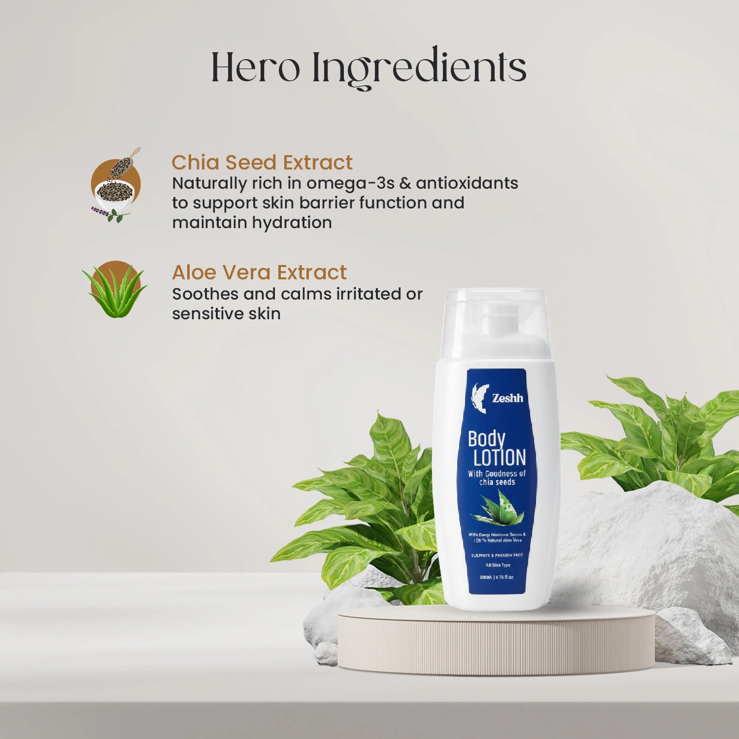 Zeshh Body Lotion with Natural Aloe Vera & Chia Seed Extract | Deep Hydration & Skin Soothing Moisturizer for All Skin Types – 200ml