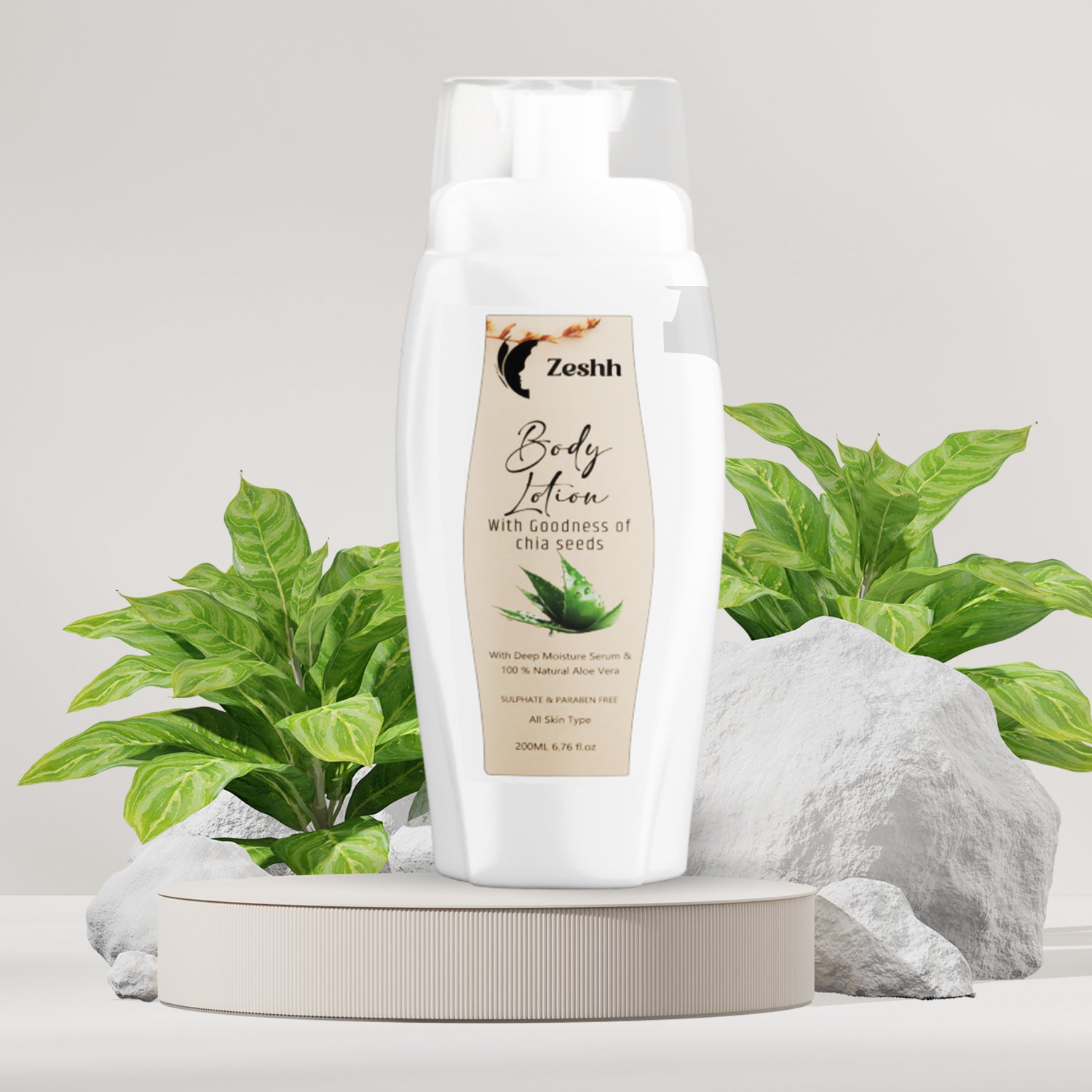 Zeshh Body Lotion with Natural Aloe Vera & Chia Seed Extract | Deep Hydration & Skin Soothing Moisturizer for All Skin Types – 200ml