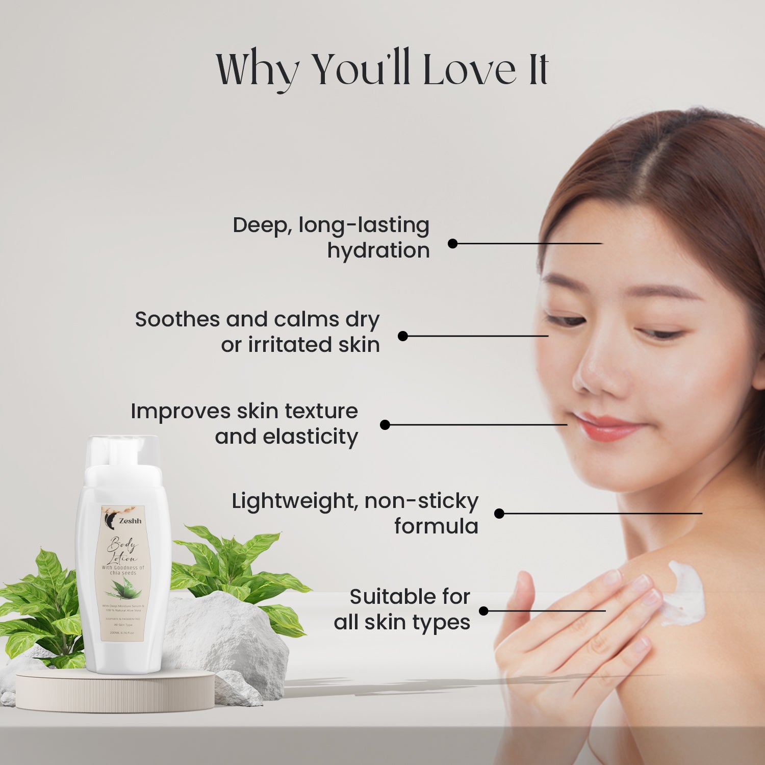 Zeshh Body Lotion with Natural Aloe Vera & Chia Seed Extract | Deep Hydration & Skin Soothing Moisturizer for All Skin Types – 200ml