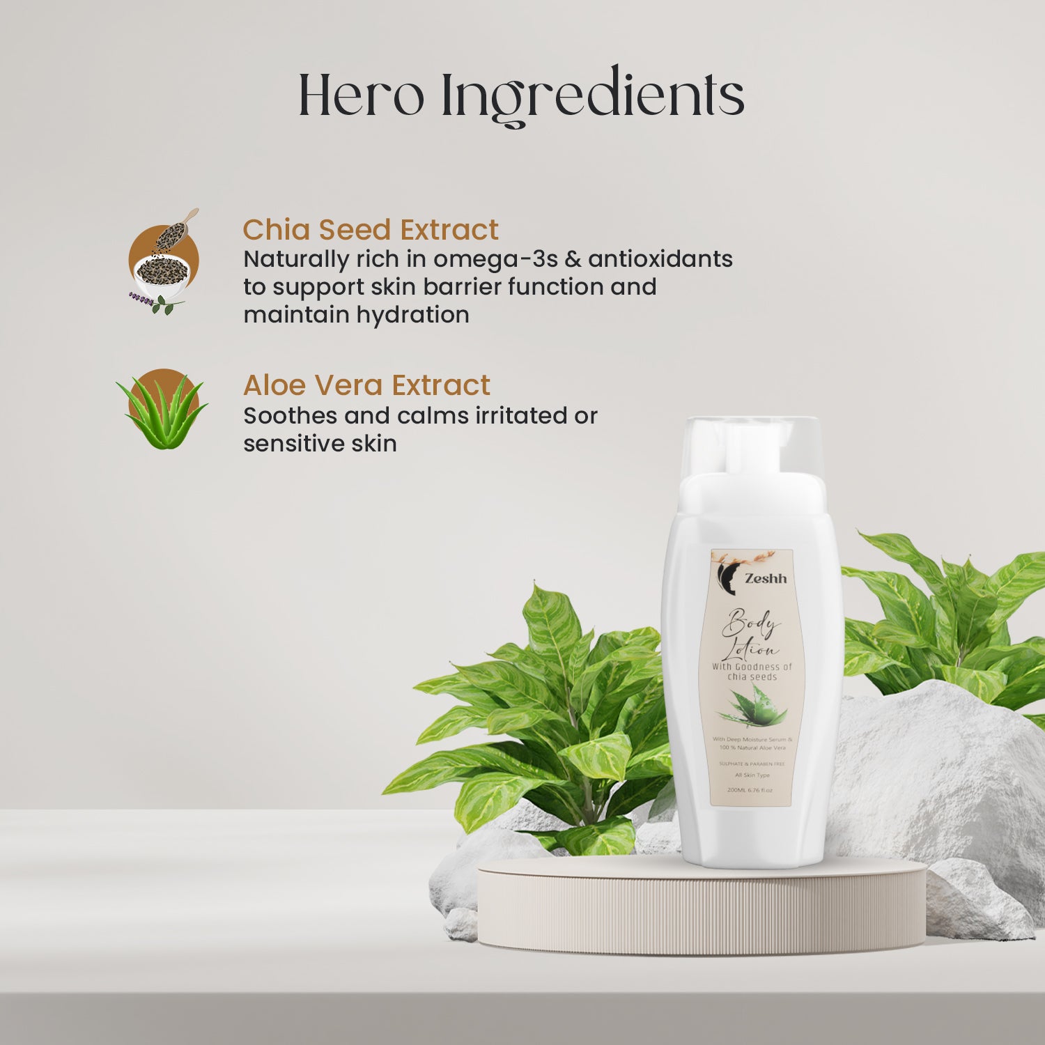 Zeshh Body Lotion with Natural Aloe Vera & Chia Seed Extract | Deep Hydration & Skin Soothing Moisturizer for All Skin Types – 200ml