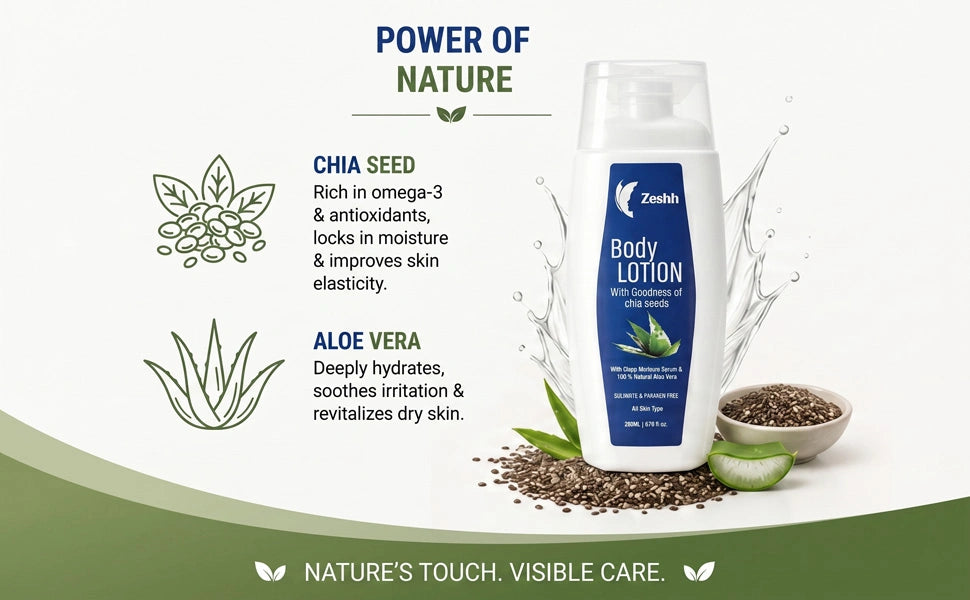 Zeshh body lotion enriched with chia seed and aloe vera for deep hydration and skin nourishment