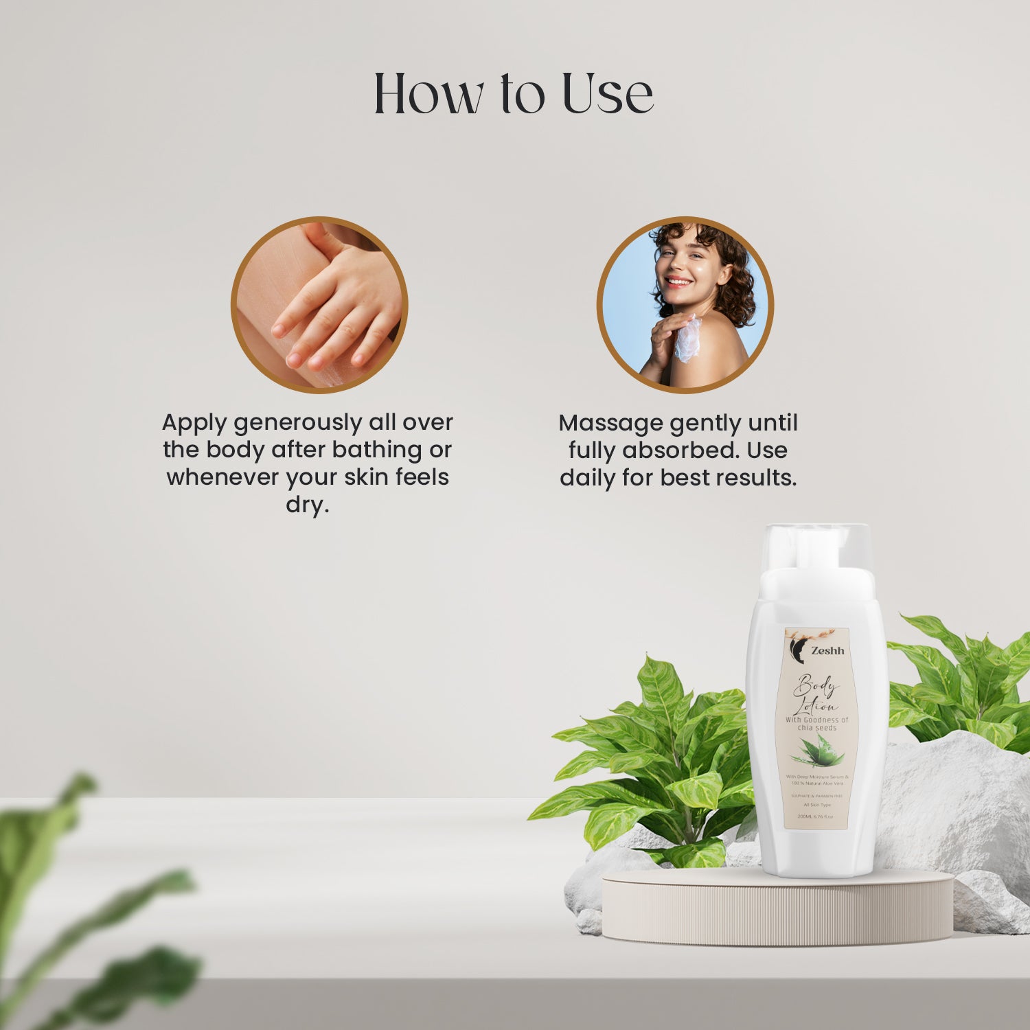 Zeshh Body Lotion with Natural Aloe Vera & Chia Seed Extract | Deep Hydration & Skin Soothing Moisturizer for All Skin Types – 200ml