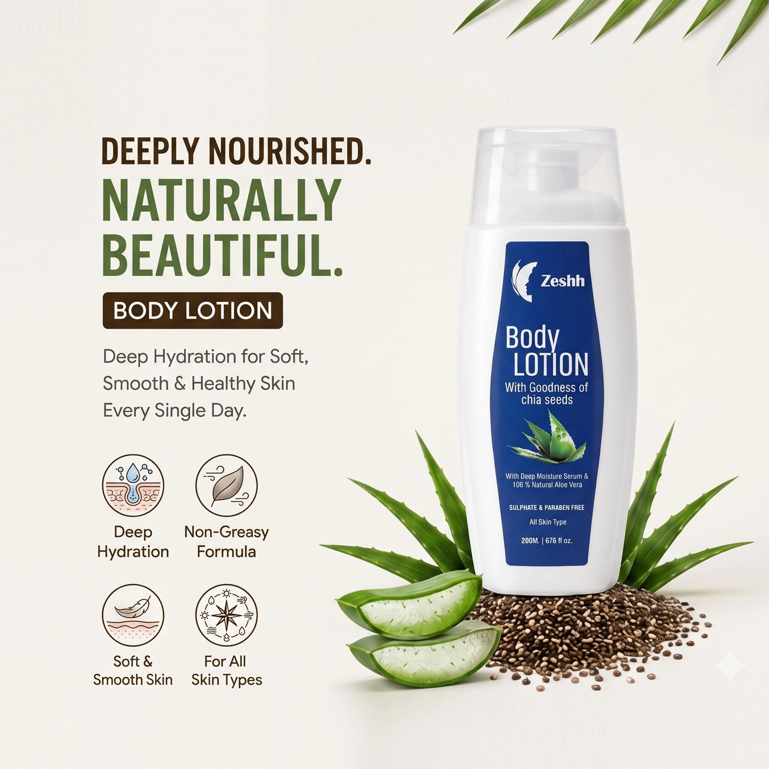 Body Lotion for Men & Women | Deep Hydration Body Lotion with Natural Aloe Vera & Chia Seed Extract | Skin Soothing Moisturizer for Soft, Smooth & Healthy Skin | Suitable for All Skin Types | 200ml