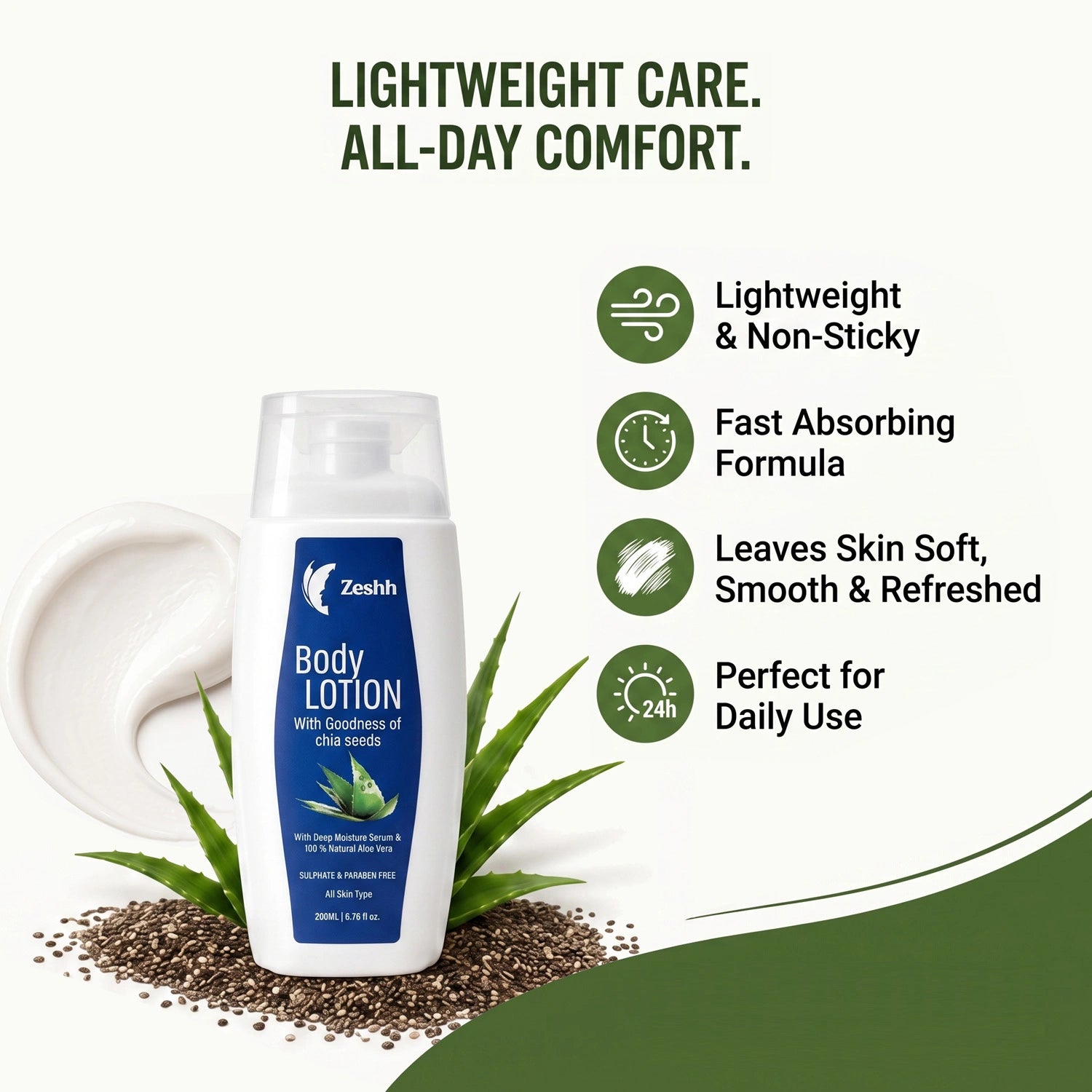 Body Lotion for Men & Women | Deep Hydration Body Lotion with Natural Aloe Vera & Chia Seed Extract | Skin Soothing Moisturizer for Soft, Smooth & Healthy Skin | Suitable for All Skin Types | 200ml
