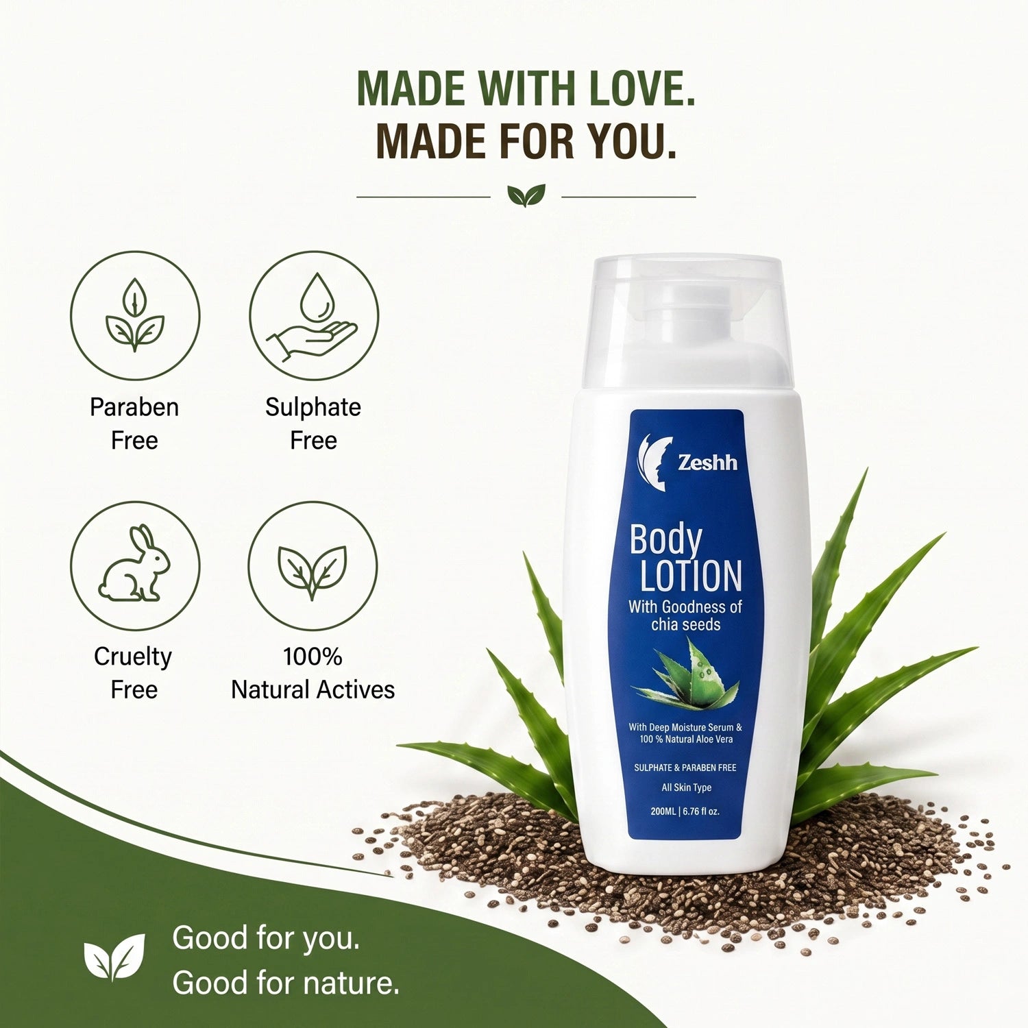 Body Lotion for Men & Women | Deep Hydration Body Lotion with Natural Aloe Vera & Chia Seed Extract | Skin Soothing Moisturizer for Soft, Smooth & Healthy Skin | Suitable for All Skin Types | 200ml