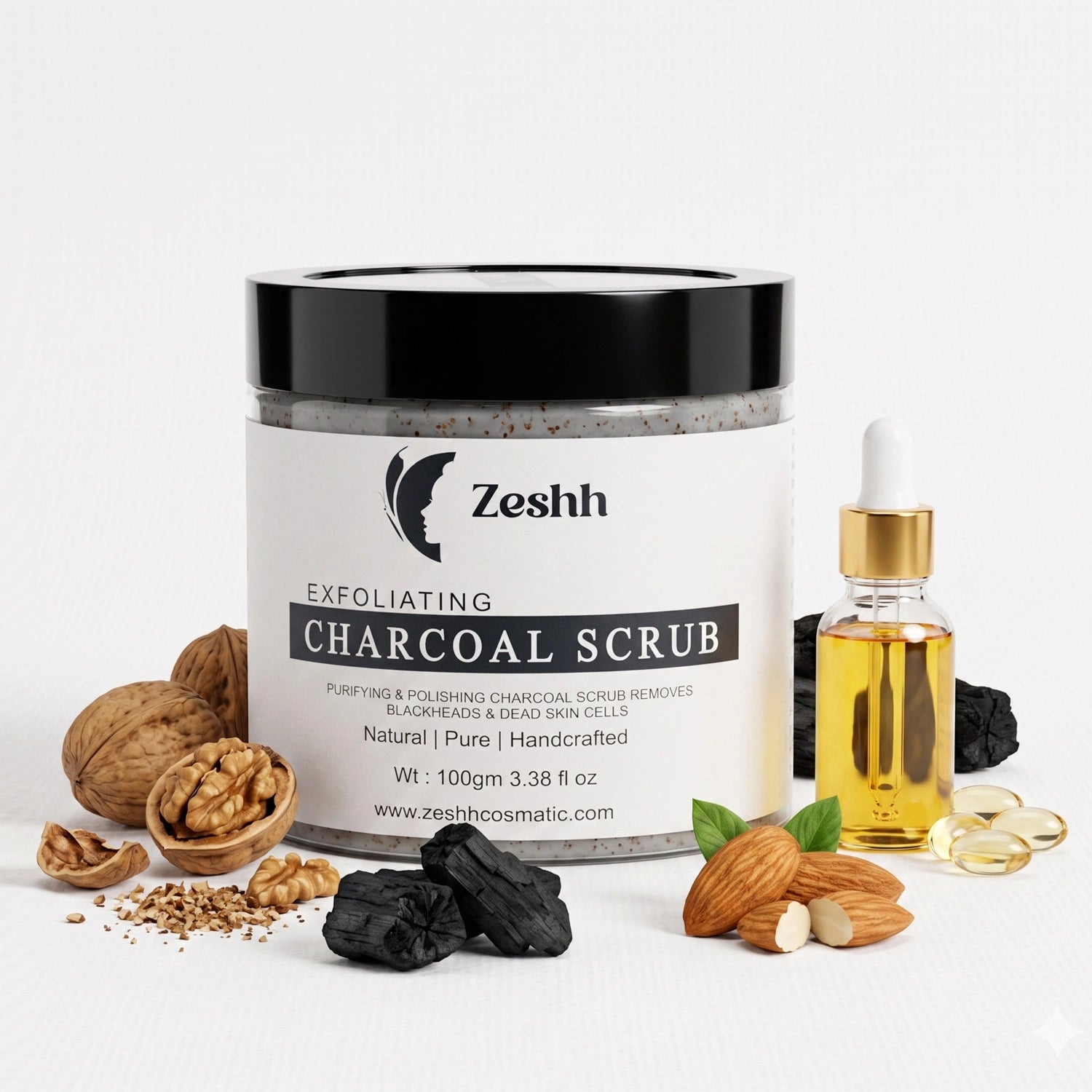 Exfoliating Charcoal Scrub for Men & Women | Face & Body Scrub for Deep Cleansing, Tan Removal & Blackhead Control | With Activated Charcoal & Walnut Beads | Removes Dead Skin & Unclogs Pores | 100gm