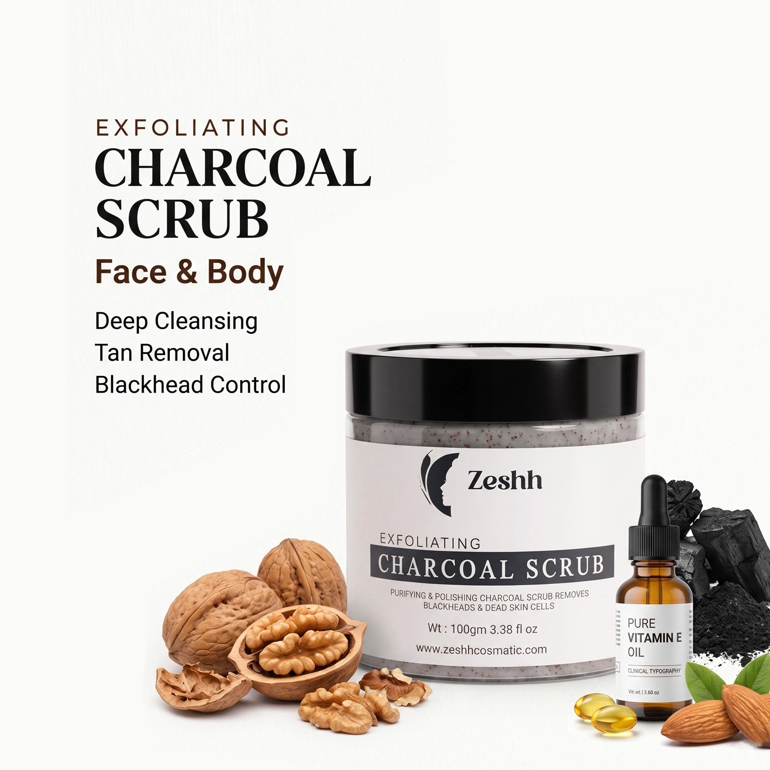 Exfoliating Charcoal Scrub for Men & Women | Face & Body Scrub for Deep Cleansing, Tan Removal & Blackhead Control | With Activated Charcoal & Walnut Beads | Removes Dead Skin & Unclogs Pores | 100gm