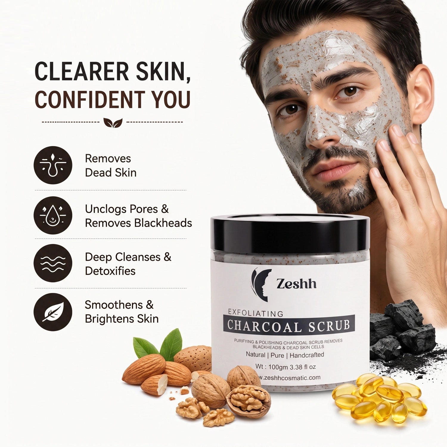 Exfoliating Charcoal Scrub for Men & Women | Face & Body Scrub for Deep Cleansing, Tan Removal & Blackhead Control | With Activated Charcoal & Walnut Beads | Removes Dead Skin & Unclogs Pores | 100gm