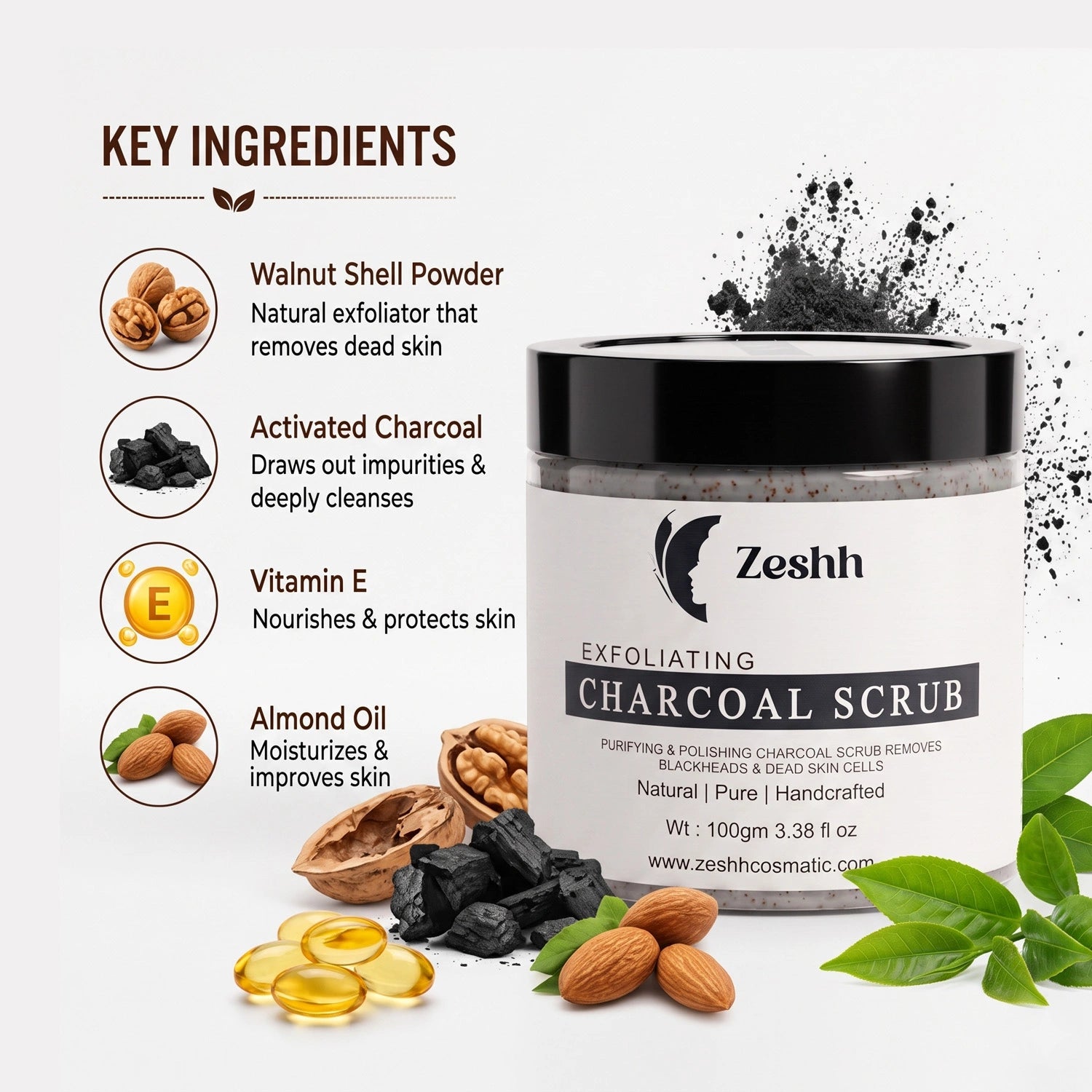 Exfoliating Charcoal Scrub for Men & Women | Face & Body Scrub for Deep Cleansing, Tan Removal & Blackhead Control | With Activated Charcoal & Walnut Beads | Removes Dead Skin & Unclogs Pores | 100gm