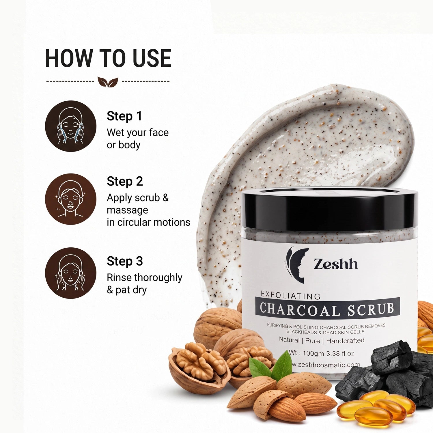 Exfoliating Charcoal Scrub for Men & Women | Face & Body Scrub for Deep Cleansing, Tan Removal & Blackhead Control | With Activated Charcoal & Walnut Beads | Removes Dead Skin & Unclogs Pores | 100gm