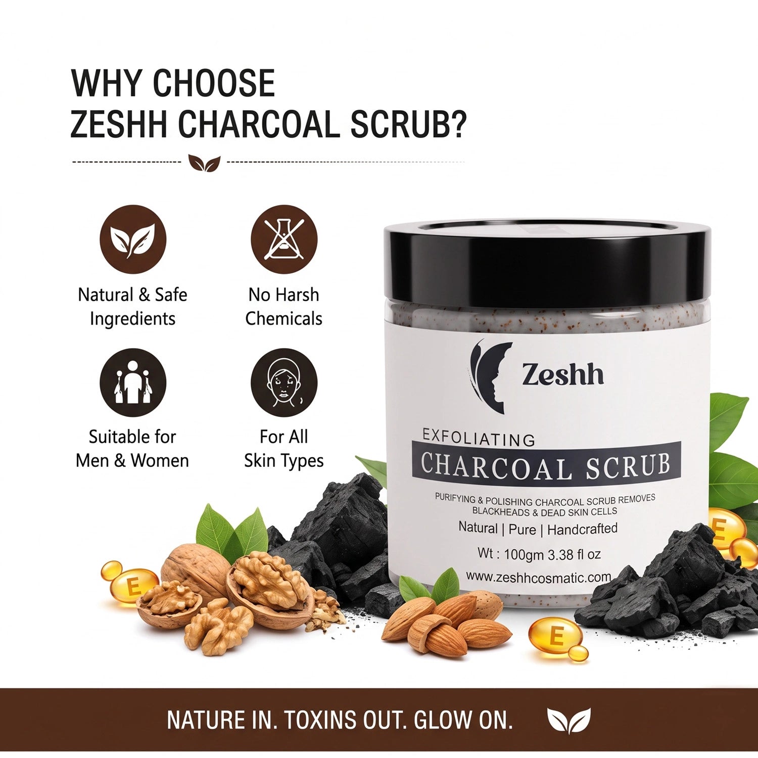 Exfoliating Charcoal Scrub for Men & Women | Face & Body Scrub for Deep Cleansing, Tan Removal & Blackhead Control | With Activated Charcoal & Walnut Beads | Removes Dead Skin & Unclogs Pores | 100gm
