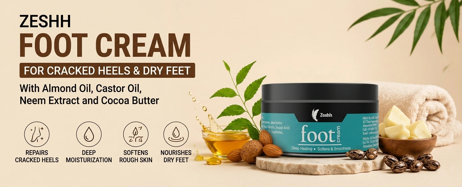Zeshh Foot Cream for cracked heels and dry feet with almond oil, castor oil, neem extract, and cocoa butter for deep moisturization and soft skin.