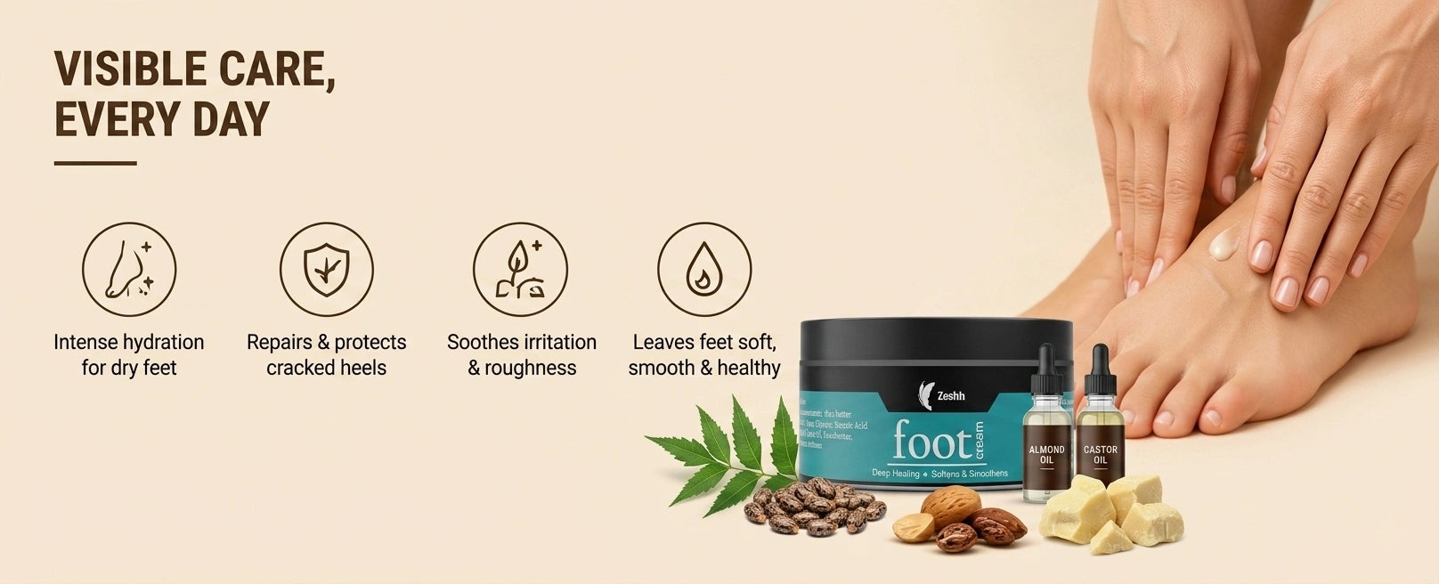 Zeshh Foot Cream with almond oil and castor oil provides intense hydration, repairs cracked heels, soothes rough skin, and keeps feet soft and healthy.