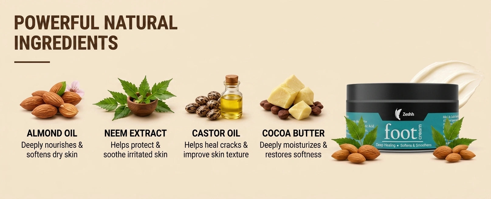 Zeshh Foot Cream with almond oil, neem extract, castor oil, and cocoa butter deeply moisturizes dry feet, heals cracks, and softens rough skin.