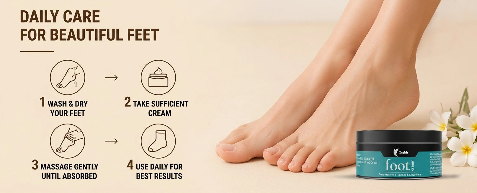 Zeshh foot cream next to smooth feet with a 4-step daily foot care routine guide.