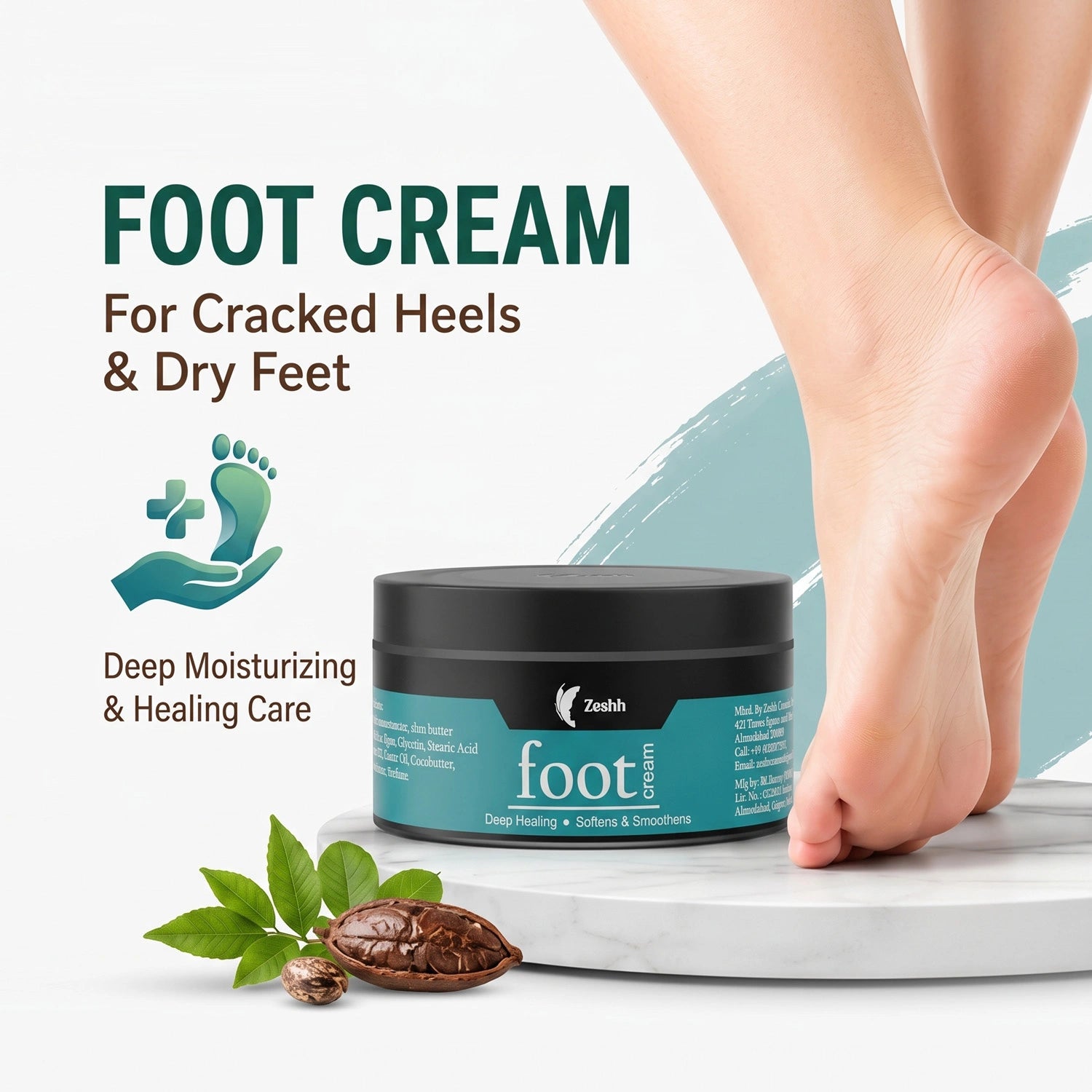 Foot Cream for Cracked Heels & Dry Feet | Deep Moisturizing & Healing Foot Cream with Almond Oil, Castor Oil, Neem Extract & Cocoa Butter | Repairs Rough, Dry & Cracked Feet | Non-Greasy Foot Care for Men & Women | 50g