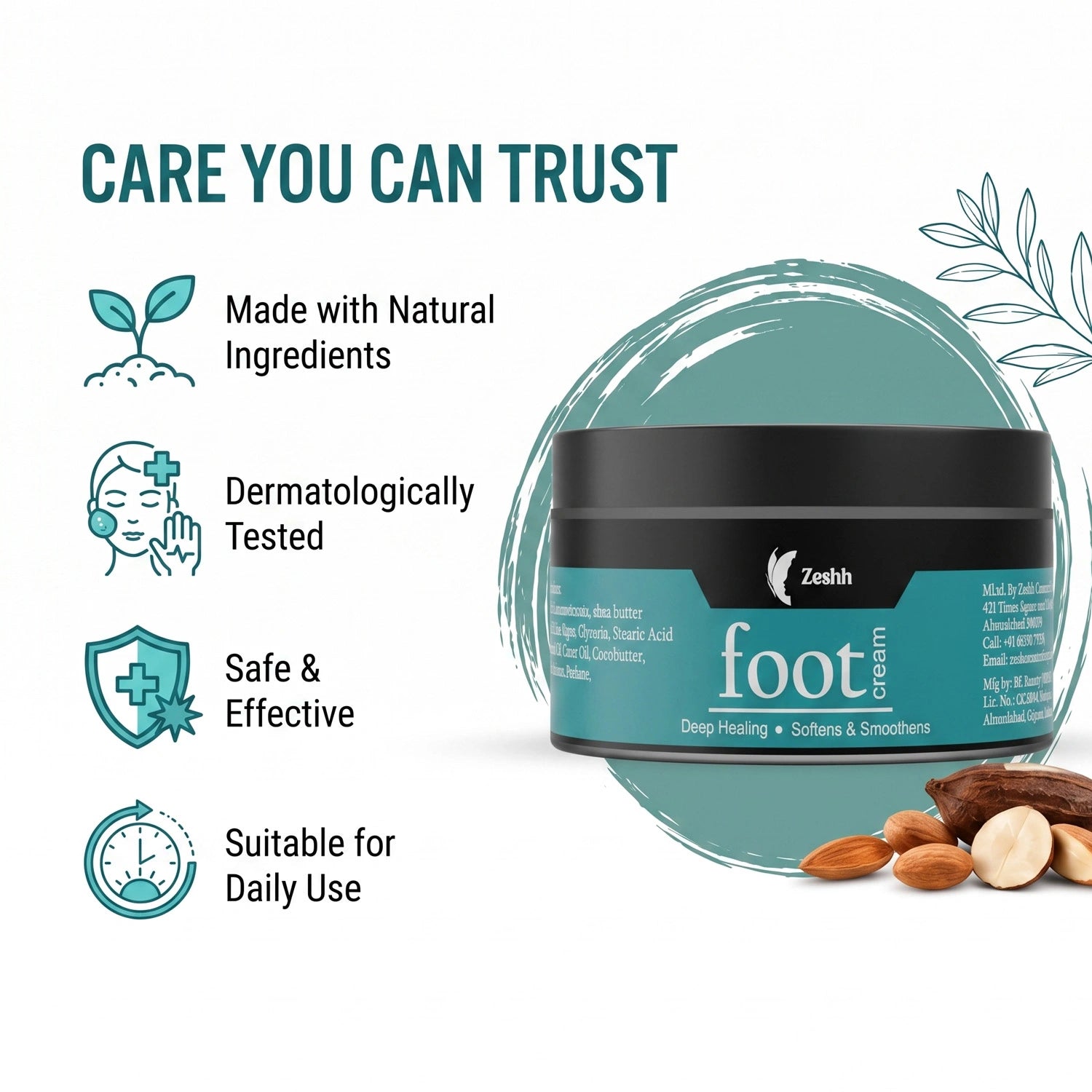 Foot Cream for Cracked Heels & Dry Feet | Deep Moisturizing & Healing Foot Cream with Almond Oil, Castor Oil, Neem Extract & Cocoa Butter | Repairs Rough, Dry & Cracked Feet | Non-Greasy Foot Care for Men & Women | 50g