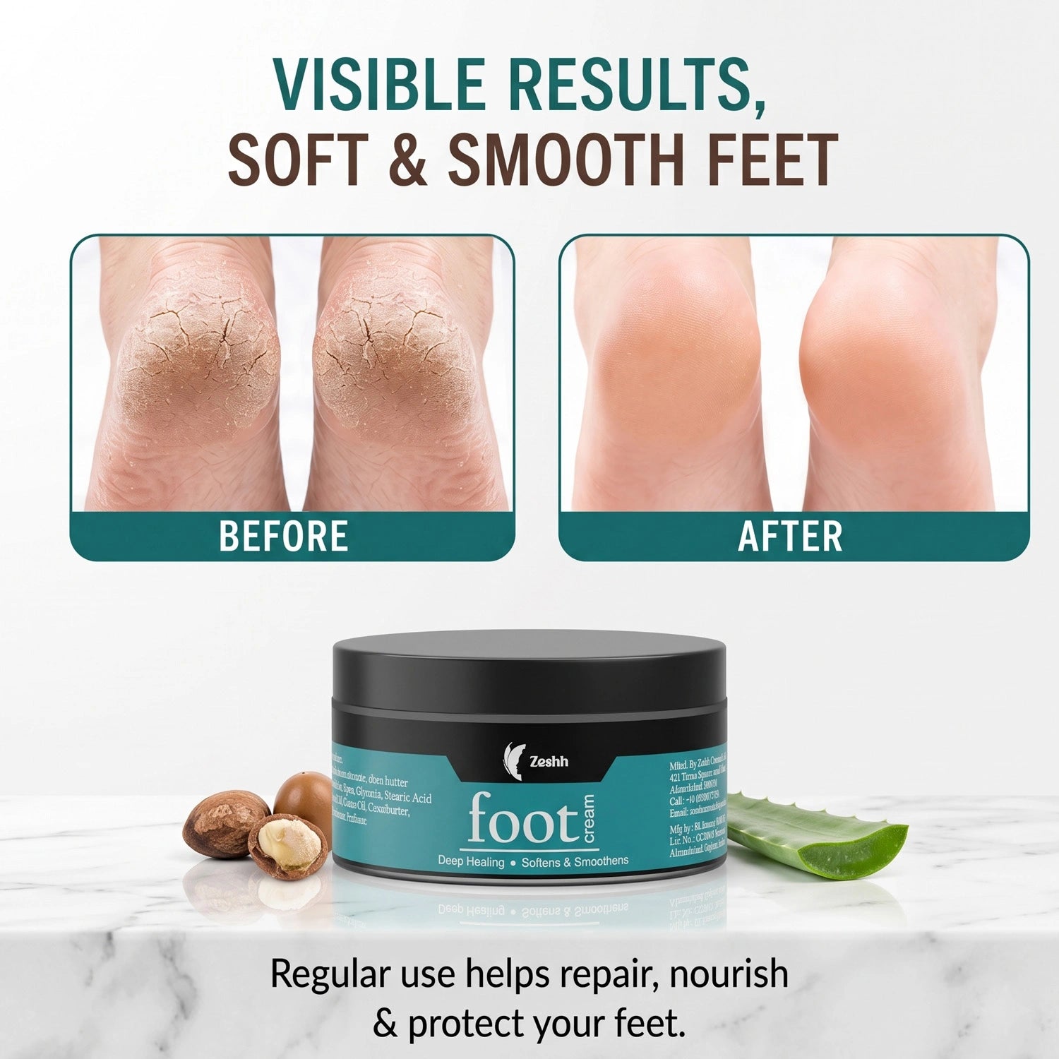 Foot Cream for Cracked Heels & Dry Feet | Deep Moisturizing & Healing Foot Cream with Almond Oil, Castor Oil, Neem Extract & Cocoa Butter | Repairs Rough, Dry & Cracked Feet | Non-Greasy Foot Care for Men & Women | 50g