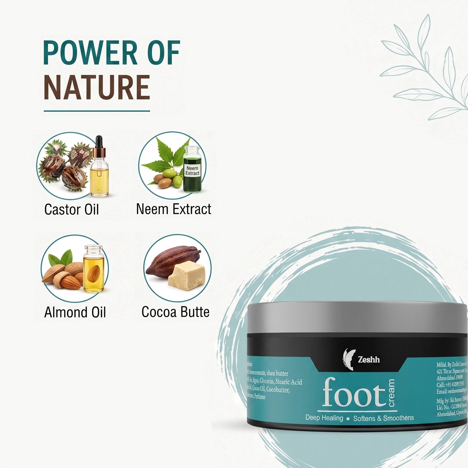 Foot Cream for Cracked Heels & Dry Feet | Deep Moisturizing & Healing Foot Cream with Almond Oil, Castor Oil, Neem Extract & Cocoa Butter | Repairs Rough, Dry & Cracked Feet | Non-Greasy Foot Care for Men & Women | 50g