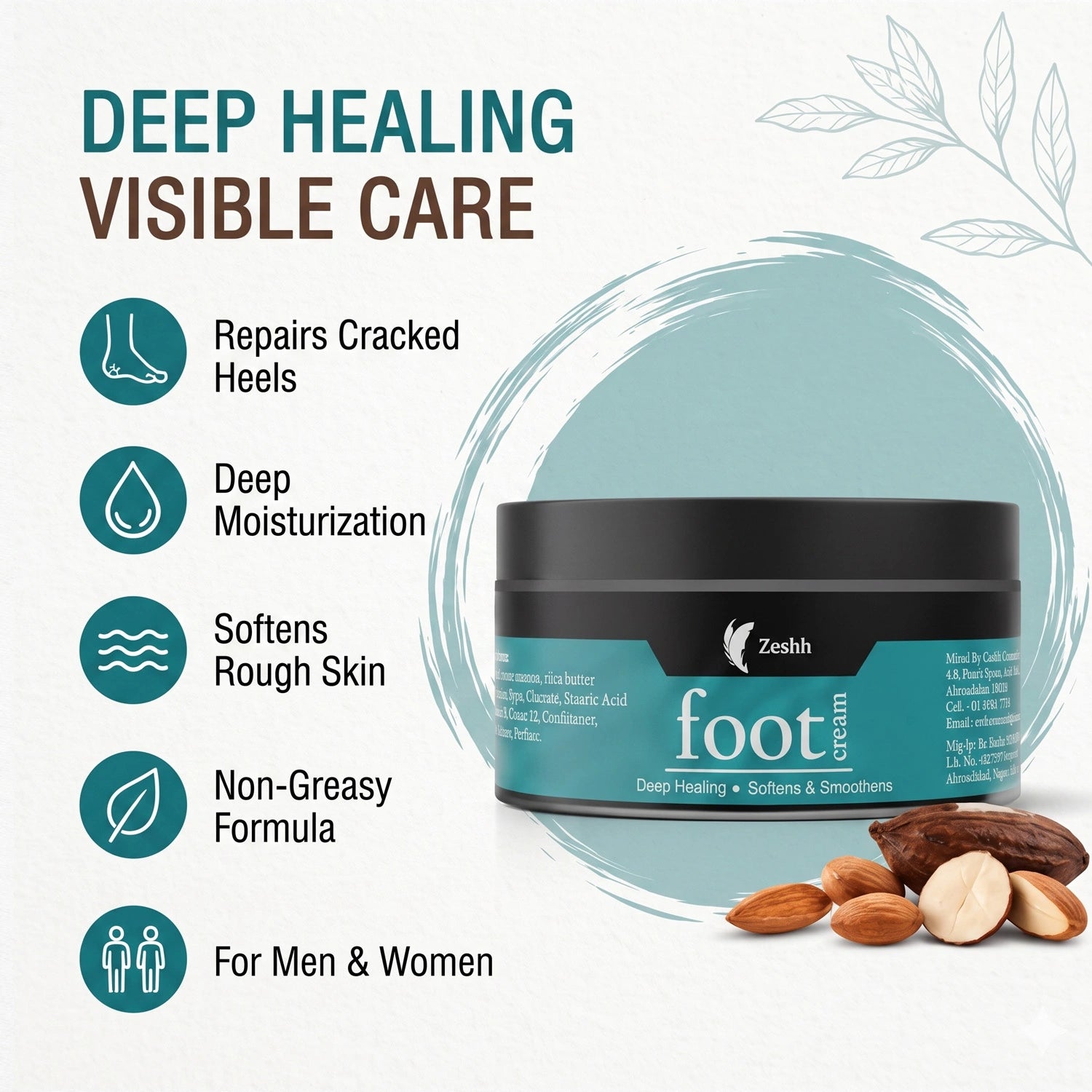Foot Cream for Cracked Heels & Dry Feet | Deep Moisturizing & Healing Foot Cream with Almond Oil, Castor Oil, Neem Extract & Cocoa Butter | Repairs Rough, Dry & Cracked Feet | Non-Greasy Foot Care for Men & Women | 50g