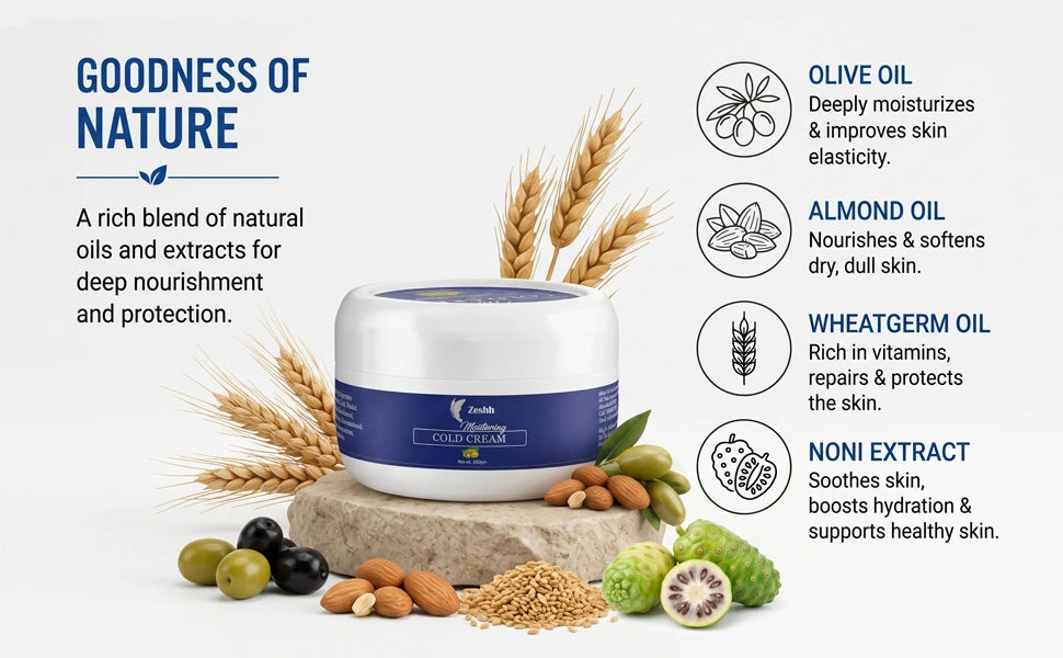 Moisturising cold cream enriched with olive oil almond oil wheatgerm oil and noni extract