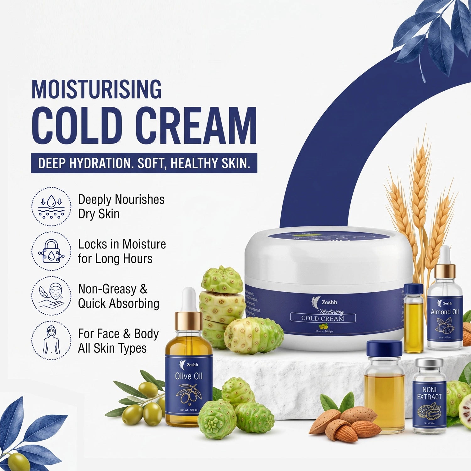 Moisturising Cold Cream for Men & Women | Deep Hydration Face & Body Cream with Noni Extract, Almond Oil & Wheatgerm Oil | Nourishes Dry Skin & Locks in Moisture | Non-Greasy Moisturizer for Soft, Healthy Skin