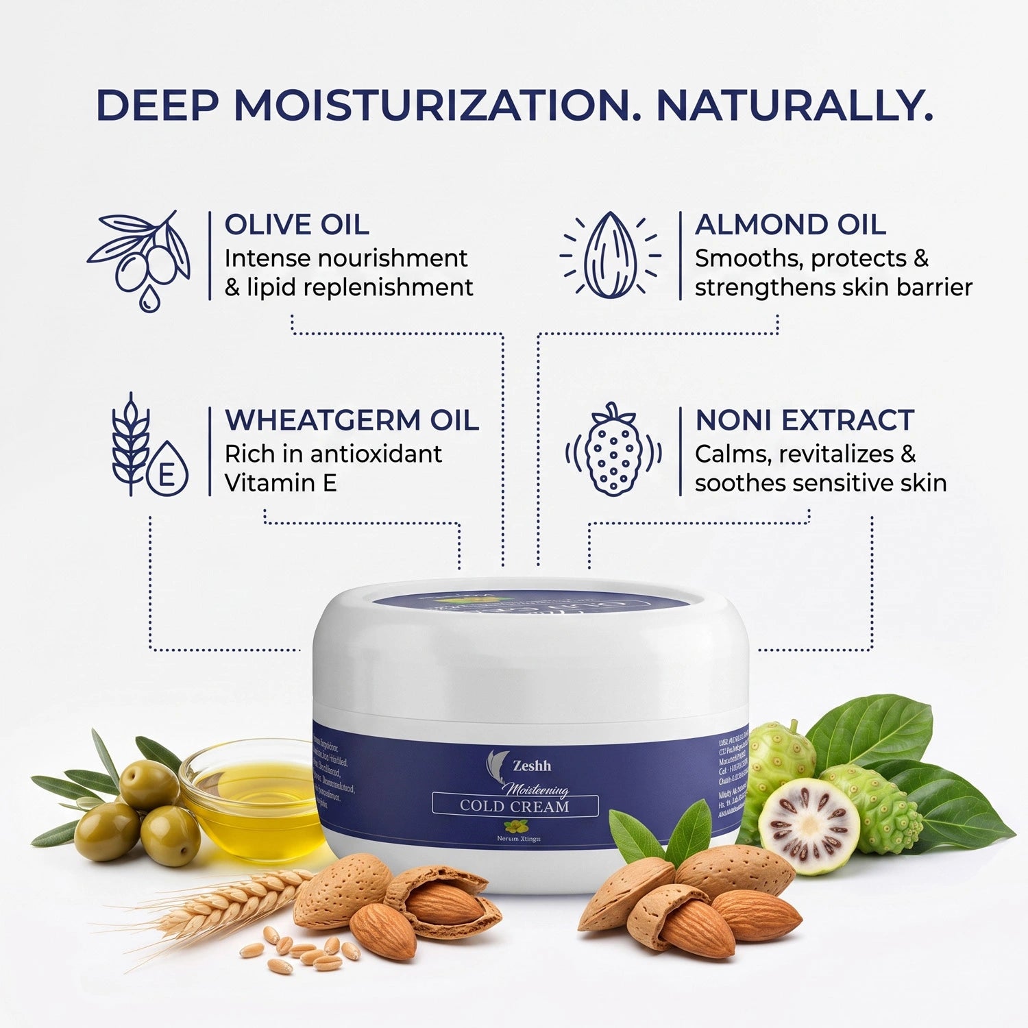 Moisturising Cold Cream for Men & Women | Deep Hydration Face & Body Cream with Noni Extract, Almond Oil & Wheatgerm Oil | Nourishes Dry Skin & Locks in Moisture | Non-Greasy Moisturizer for Soft, Healthy Skin