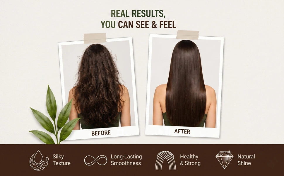 Hair before and after using Zeshh Pro Keratin Shampoo for smoother shiny hair