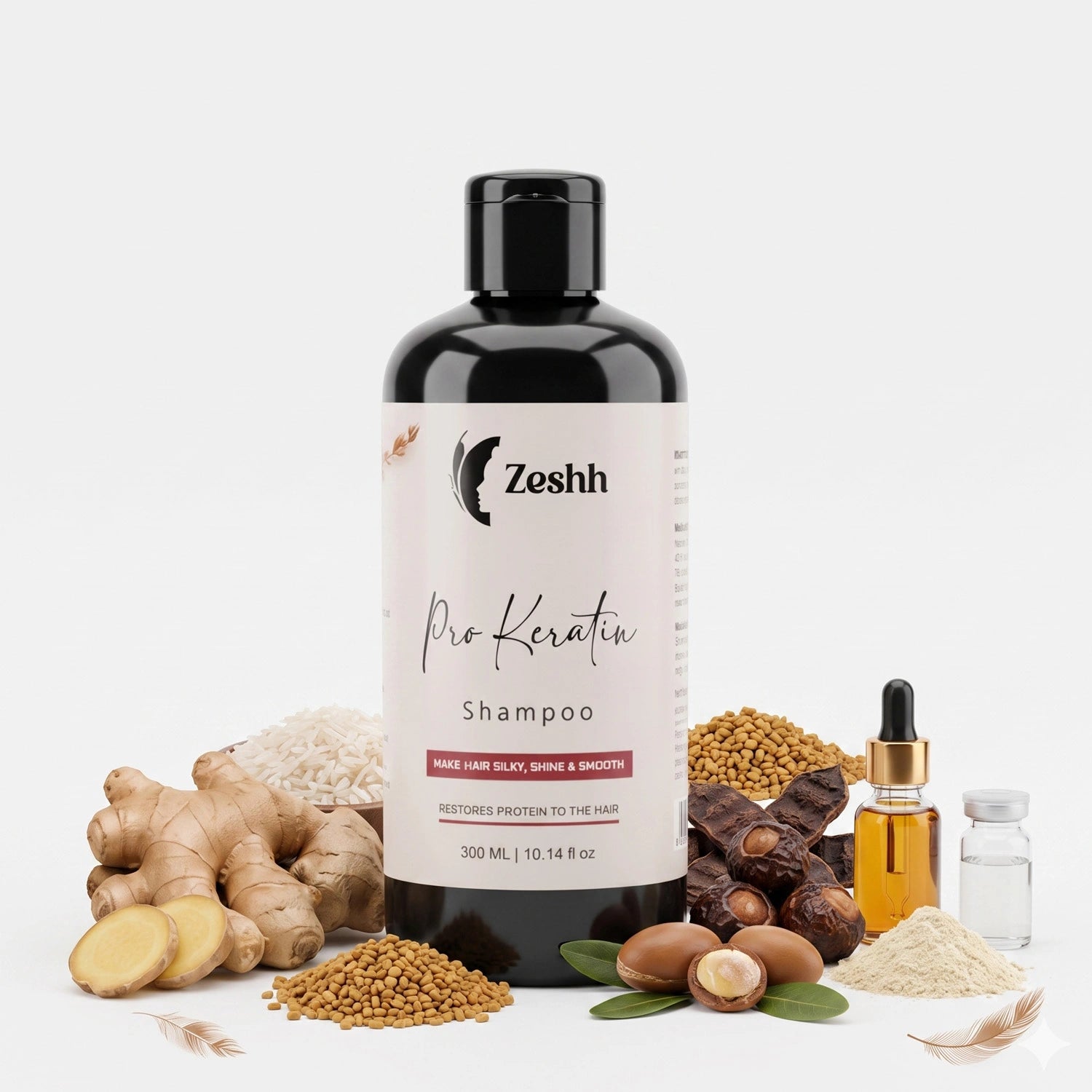 Zeshh Pro Keratin Shampoo for Men & Women | Anti-Frizz, Strengthening & Damage Repair Shampoo for Dry, Frizzy & Damaged Hair | With Keratin, Ginger Oil, Rice Extract, Shikakai, Fenugreek, Reetha & Argan Oil | Smooth & Shiny Hair