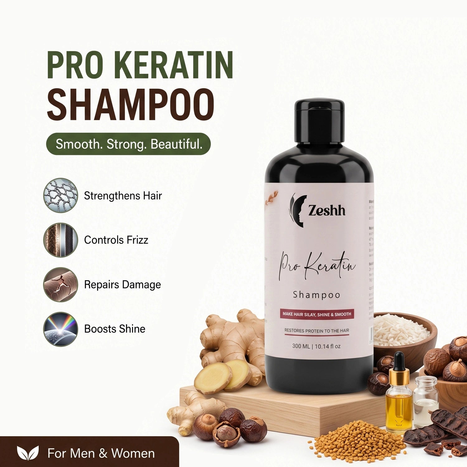 Zeshh Pro Keratin Shampoo for Men & Women | Anti-Frizz, Strengthening & Damage Repair Shampoo for Dry, Frizzy & Damaged Hair | With Keratin, Ginger Oil, Rice Extract, Shikakai, Fenugreek, Reetha & Argan Oil | Smooth & Shiny Hair