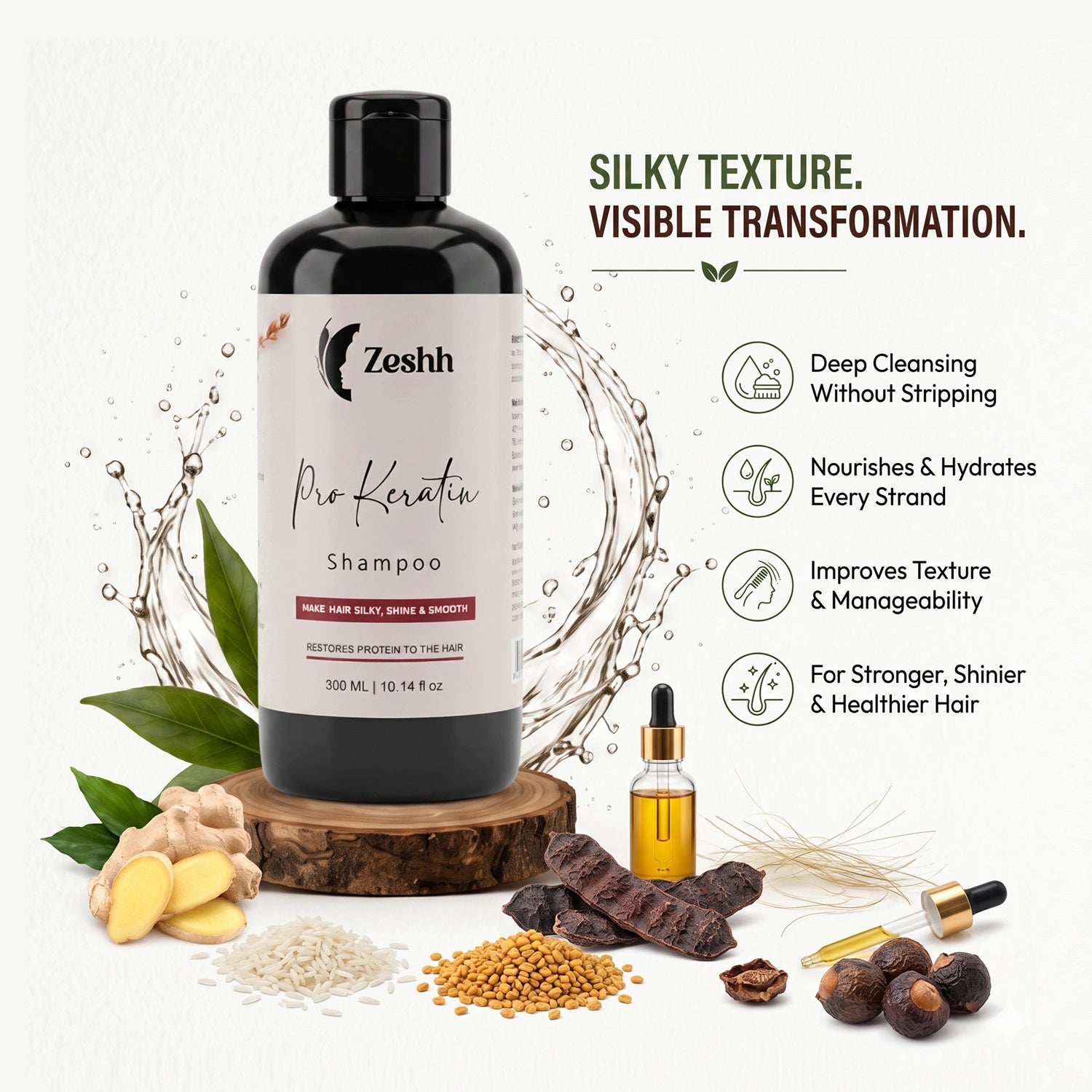 Zeshh Pro Keratin Shampoo for Men & Women | Anti-Frizz, Strengthening & Damage Repair Shampoo for Dry, Frizzy & Damaged Hair | With Keratin, Ginger Oil, Rice Extract, Shikakai, Fenugreek, Reetha & Argan Oil | Smooth & Shiny Hair