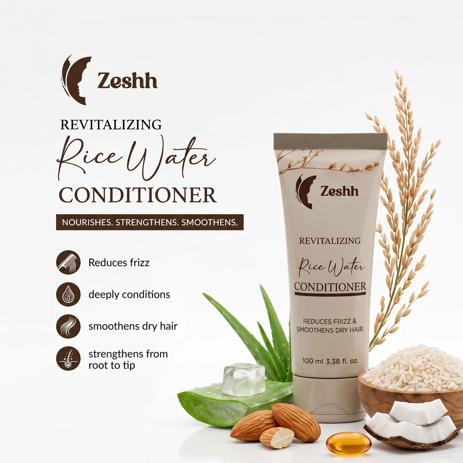 Rice Water Conditioner for Men & Women | Revitalizing Hair Conditioner for Smooth, Strong & Nourished Hair | Enriched with Rice Water for Frizz Control, Softness & Shine | Suitable for All Hair Types