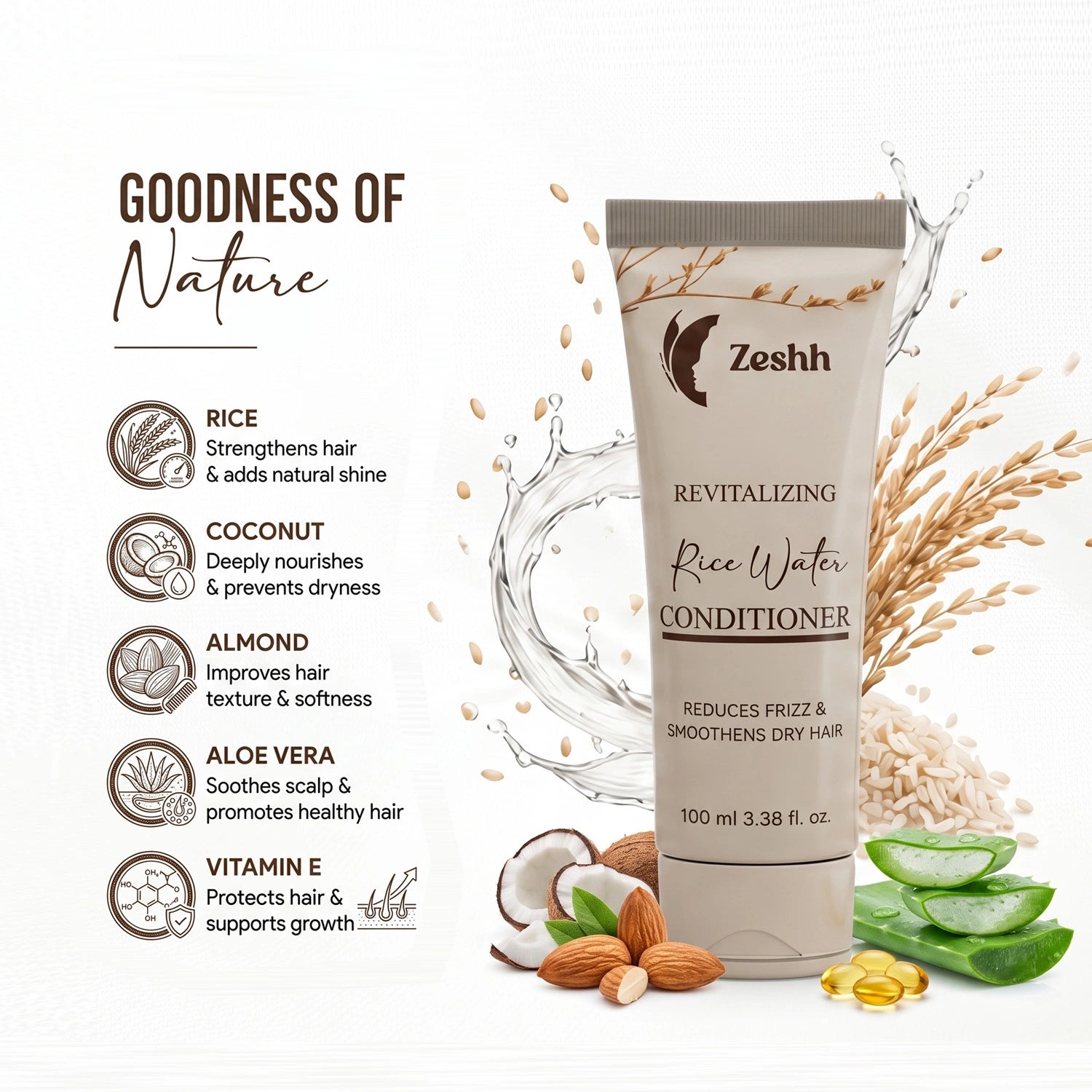 Rice Water Conditioner for Men & Women | Revitalizing Hair Conditioner for Smooth, Strong & Nourished Hair | Enriched with Rice Water for Frizz Control, Softness & Shine | Suitable for All Hair Types