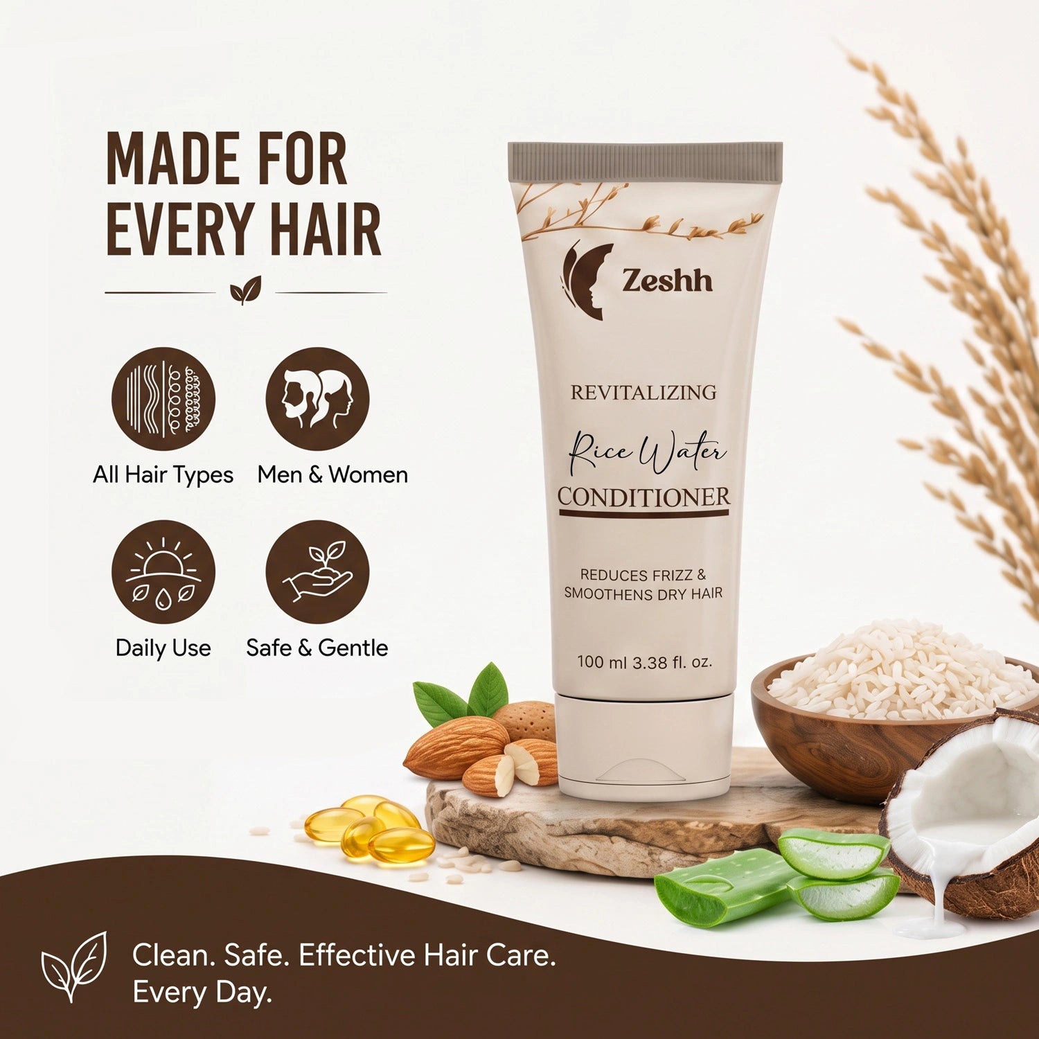 Rice Water Conditioner for Men & Women | Revitalizing Hair Conditioner for Smooth, Strong & Nourished Hair | Enriched with Rice Water for Frizz Control, Softness & Shine | Suitable for All Hair Types