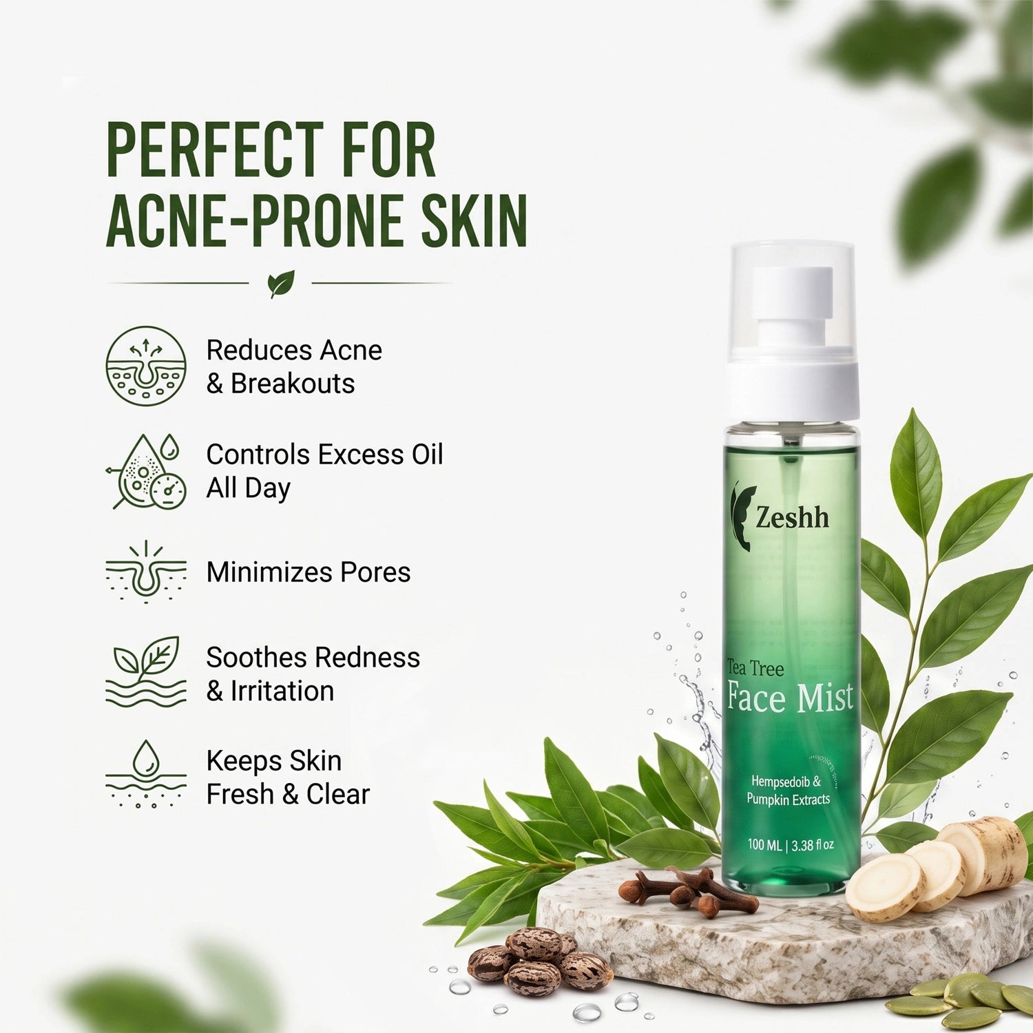 Tea Tree Face Mist for Men & Women | Anti-Acne Face Mist for Acne-Prone Skin with Tea Tree, Clove & Horseradish Extract | Oil-Control & Pore-Tightening Spray | Purifying, Refreshing & Non-Sticky Facial Mist