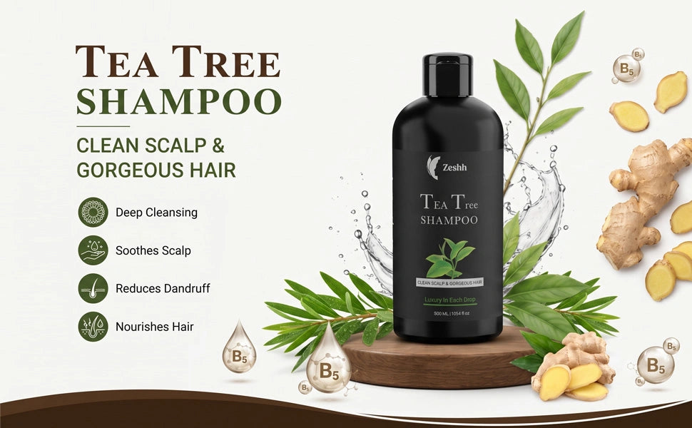Zeshh Tea Tree Shampoo deep cleansing soothes scalp reduces dandruff nourishes hair