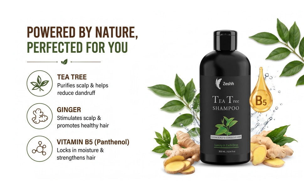 Tea Tree Ginger Vitamin B5 shampoo purifies scalp reduces dandruff strengthens hair
