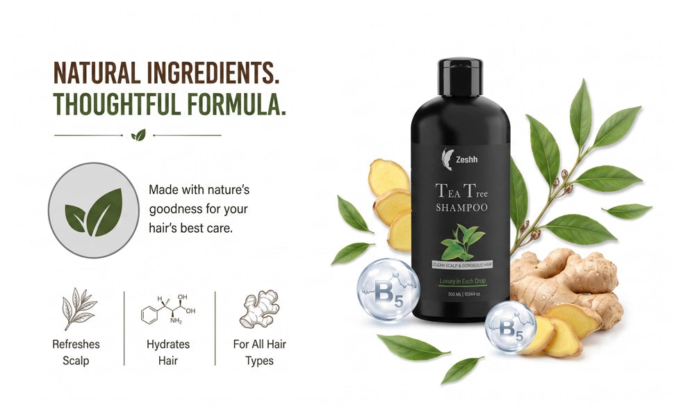 Tea Tree Shampoo with ginger and B5 panthenol hydrates scalp for all hair types