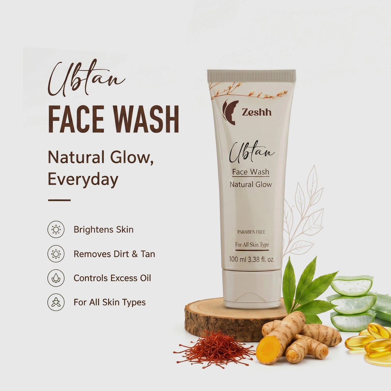 Ubtan Face Wash for Men & Women | Brightening Face Wash with Turmeric & Saffron | Removes Dirt, Excess Oil & Tan | Glowing Skin Cleanser for All Skin Types