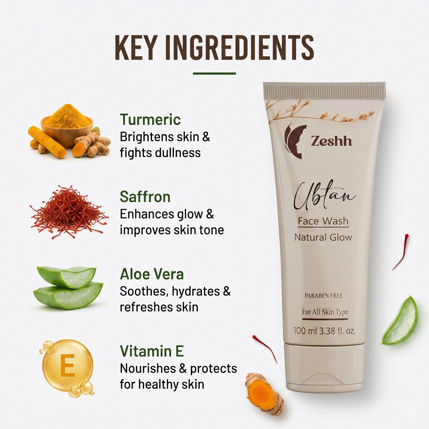 Ubtan Face Wash for Men & Women | Brightening Face Wash with Turmeric & Saffron | Removes Dirt, Excess Oil & Tan | Glowing Skin Cleanser for All Skin Types