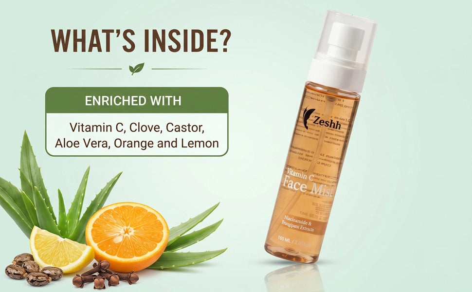 Zeshh Vitamin C Face Mist with aloe vera, clove, castor, orange and lemon ingredients