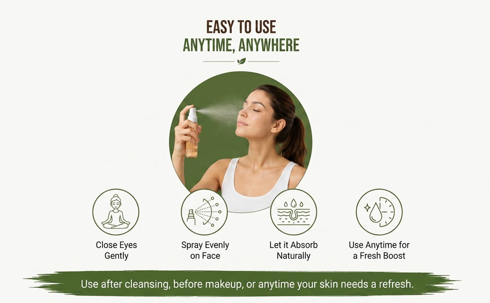 Zeshh Vitamin C Face Mist usage guide showing easy spray application for refreshed and hydrated skin