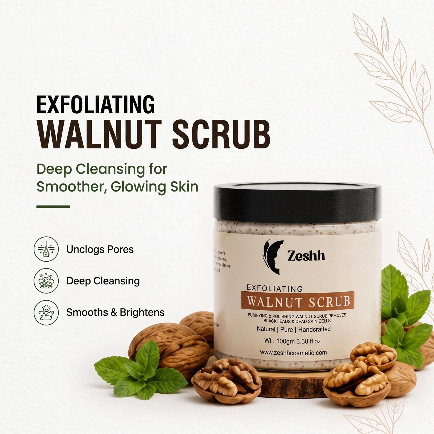 Exfoliating Walnut Scrub for Men & Women | Deep Cleansing Face & Body Scrub with Walnut Shell, Menthol, Vitamin E & Almond Oil | Removes Dead Skin, Unclogs Pores & Reveals Smooth, Glowing Skin