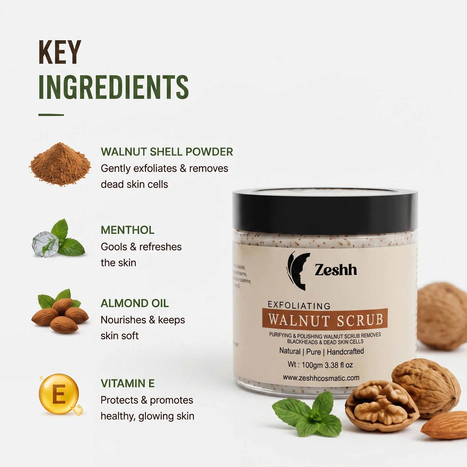 Exfoliating Walnut Scrub for Men & Women | Deep Cleansing Face & Body Scrub with Walnut Shell, Menthol, Vitamin E & Almond Oil | Removes Dead Skin, Unclogs Pores & Reveals Smooth, Glowing Skin