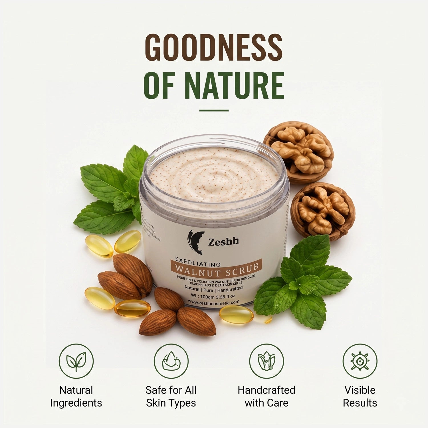 Exfoliating Walnut Scrub for Men & Women | Deep Cleansing Face & Body Scrub with Walnut Shell, Menthol, Vitamin E & Almond Oil | Removes Dead Skin, Unclogs Pores & Reveals Smooth, Glowing Skin